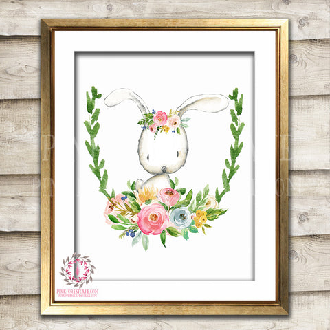 Bunny Rabbit Watercolor Woodland Boho Bohemian Floral Nursery Baby Girl Room Printable Print Wall Art Home Decor