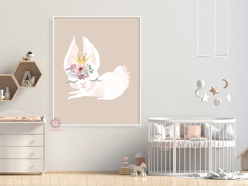 Boho Bunny Baby Girl Nursery Wall Art Print Ethereal Whimsical Bohemian Floral Woodland Animal Printable Decor