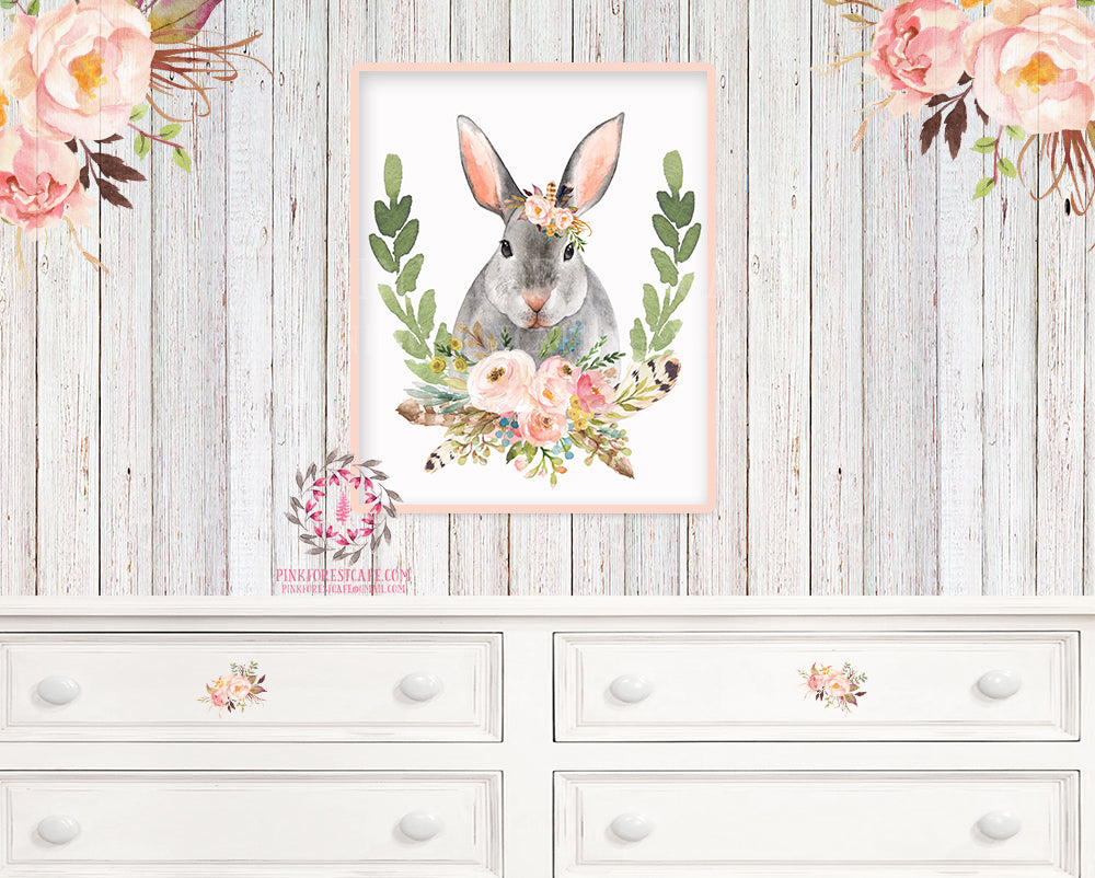 Bunny Rabbit Tribal Boho Woodland Deer Printable Wall Art Print Feather Woodland Baby Girl Nursery Decor