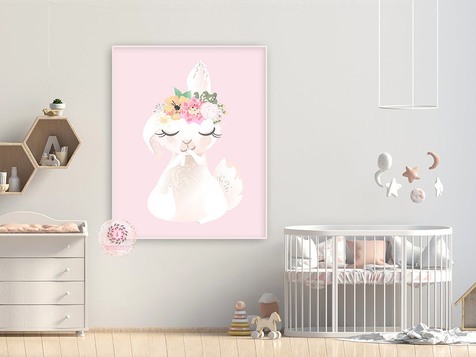 Boho Bunny Baby Girl Nursery Wall Art Print Ethereal Whimsical Bohemian Floral Woodland Animal Printable Decor