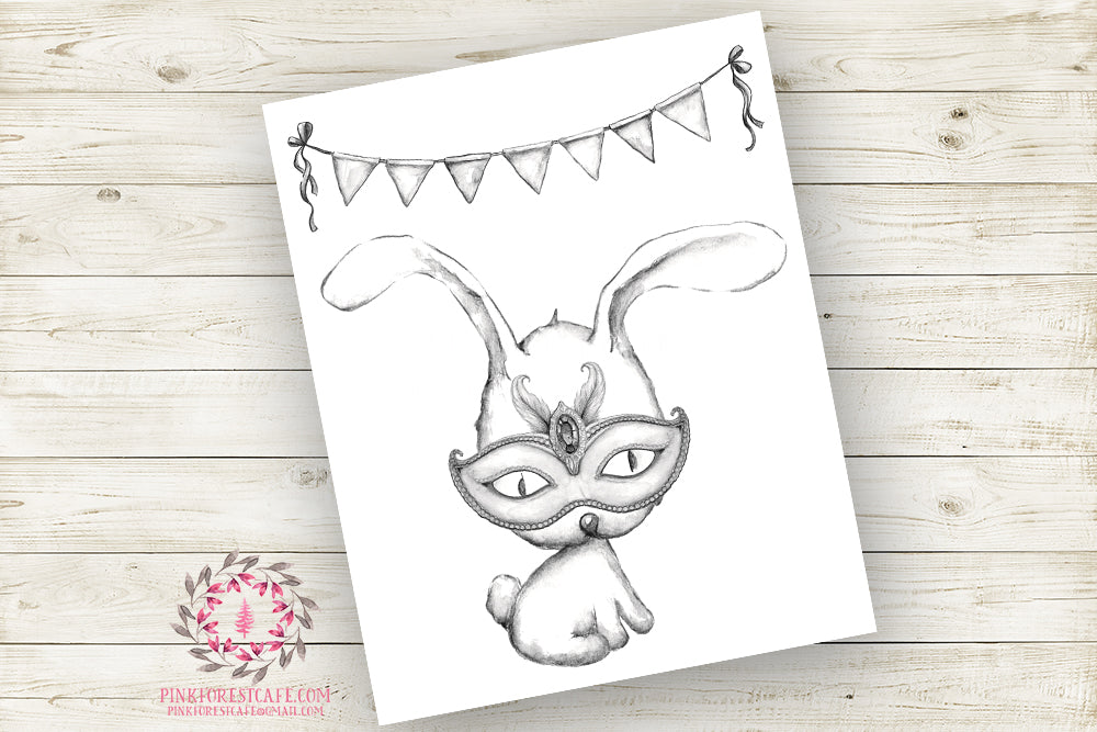 Bunny Rabbit Masquerade Mask Nursery Wall Art Print Monochromatic Ethereal Superhero Amusement Park Woodland Boho Printable Watercolor Carnival Decor