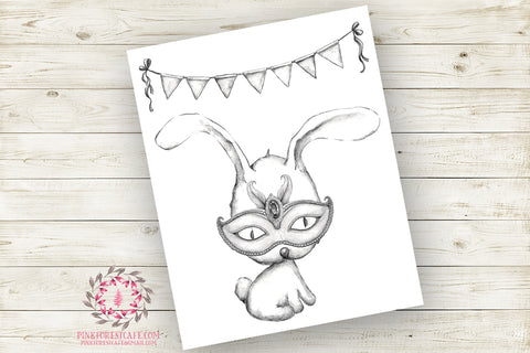 Bunny Rabbit Masquerade Mask Nursery Wall Art Print Monochromatic Ethereal Superhero Amusement Park Woodland Boho Printable Watercolor Carnival Decor