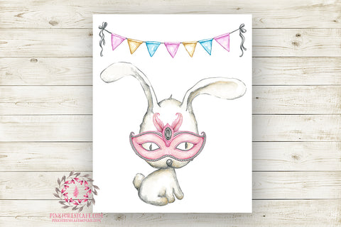 Bunny Rabbit Masquerade Mask Nursery Wall Art Print Ethereal Superhero Amusement Park Woodland Boho Printable Watercolor Carnival Decor