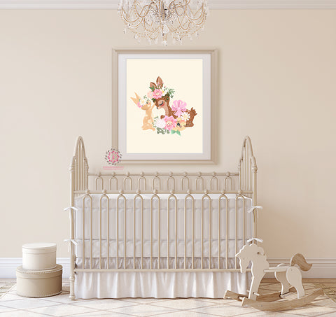 Ethereal Deer Bunny Baby Girl Nursery Wall Art Print Boho Floral Whimsical KidsRoom Printable Decor