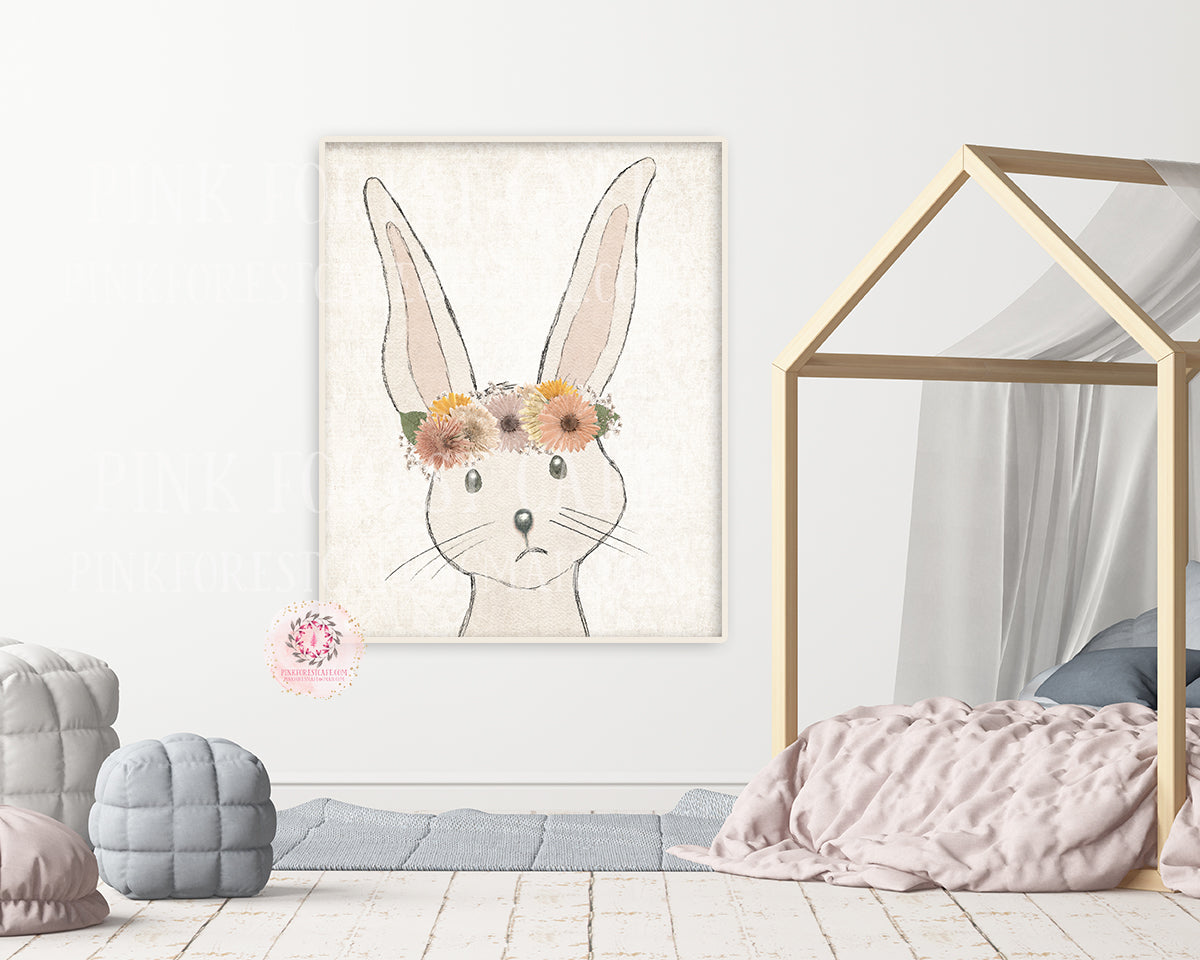 Exclusive Boho Woodland Bunny Rabbit Wall Art Print Watercolor Baby Nursery Neutral Printable Decor