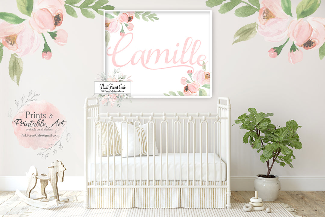 Custom Calligraphy Baby Girl Name Wall Art Print Personalized Gift Peony Blush Roses Nursery Decor