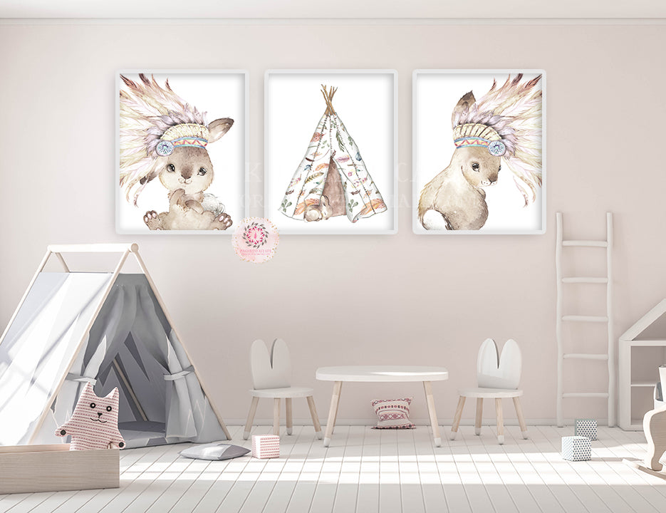 3 Boho Bunny Rabbit Wall Art Print Woodland Headdress Indian Tribal Feather Teepee Nursery Baby Watercolor Set Prints Printable Decor