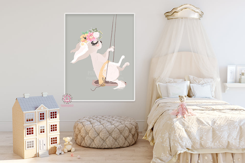 Chihuahua Dog Baby Girl Nursery Wall Art Print Ethereal Whimsical Swing Bohemian Floral Printable Decor