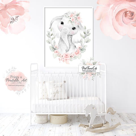 Elephant Wall Art Print Boho Blush Peony Baby Girl Nursery Room Floral Bohemian Watercolor Printable Décor