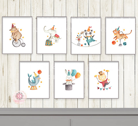 SALE Carnival Circus Wall Art Print Elephant Tiger Bear Watercolor Printable Nursery Decor