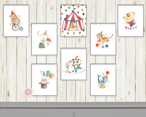 SALE 8 Carnival Circus Wall Art Print Elephant Tiger Bear Watercolor Personalized Printable Nursery Decor