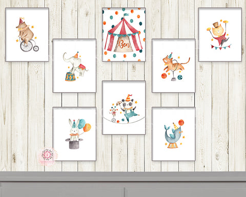 SALE 8 Carnival Circus Wall Art Print Elephant Tiger Bear Watercolor Personalized Printable Nursery Decor