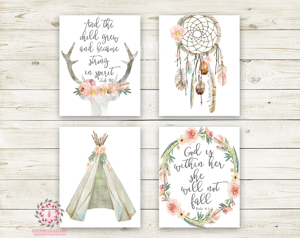 4 Boho Teepee Bible Verse Wall Art Print Woodland Bohemian Floral Nursery Baby Girl Room Set Lot Prints Dreamcatcher Deer Antlers Printable Decor