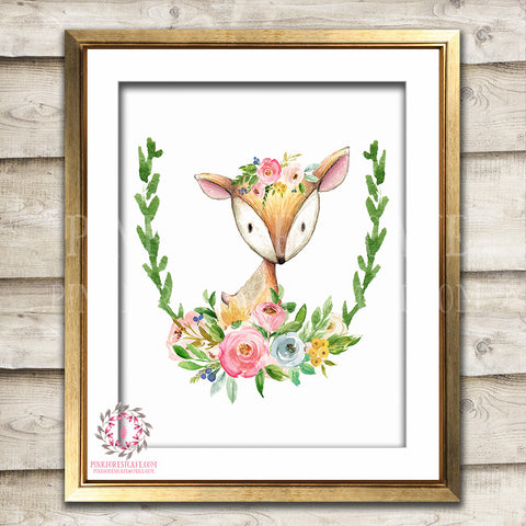 Deer Watercolor Woodland Boho Bohemian Floral Nursery Baby Girl Room Printable Print Wall Art Home Decor