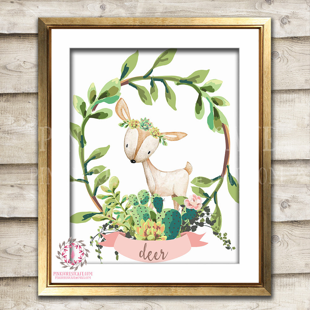 Boho Cactus Succulent Woodland Deer Bohemian Nursery Baby Girl Room Printable Print Wall Art Home Decor