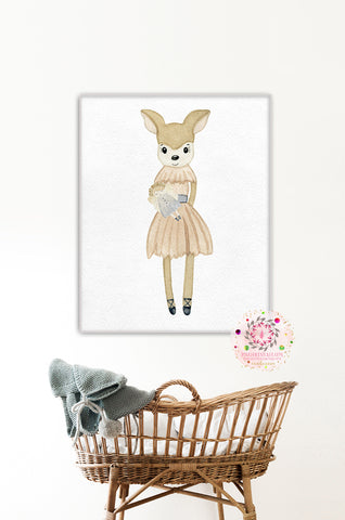 Ethereal Boho Deer In Ballerina Dress Wall Art Print Baby Girl Nursery Room Watercolor Ballerina Printable Decor