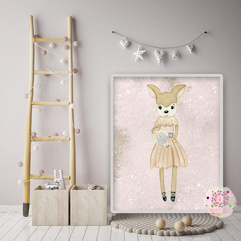 Ethereal Boho Deer In Ballerina Dress Wall Art Print Baby Girl Nursery Room Watercolor Ballerina Printable Decor