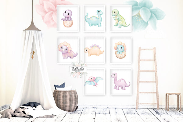 SALE 8 Pink Purple Girl Dinosaur Wall Art Prints Girl Nursery Room Printable Decor