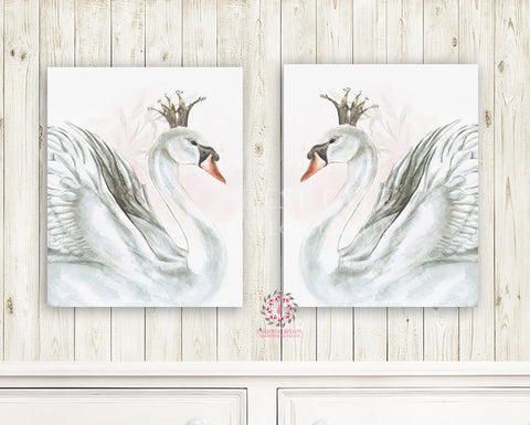 2 Boho Swan Monochrome Nursery Wall Art Print Baby Girl Ethereal "Miss Grace" Set Of Prints Black Crown Watercolor Printable Decor