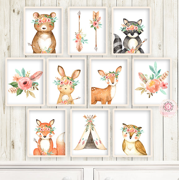 SALE 10 Boho Deer Fox Wall Art Print Woodland Nursery Baby Girl Room Set Lot Watercolor Raccoon Bear Bunny Owl Arrow Teepee Prints Printable Decor