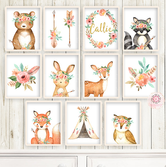 SALE 11 Boho Deer Fox Baby Name Wall Art Print Woodland Nursery Baby Girl Room Set Lot Watercolor Personalized Raccoon Bear Bunny Owl Arrow Teepee Prints Printable Decor