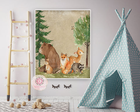 Woodland Animals Wall Art Print Boho Deer Bunny Fox Bear Hedgehog Watercolor Baby Boy Girl Nursery Printable Decor