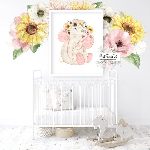 Elephant Wall Art Print Boho Sunflower Baby Girl Nursery Room Floral Bohemian Watercolor Printable Décor