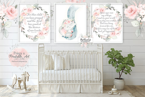 3 Blush Elephant Wall Art Print Peony Bible Verse Nursery Baby Girl Room Watercolor Peonies Zoo Animal Safari Printable Decor