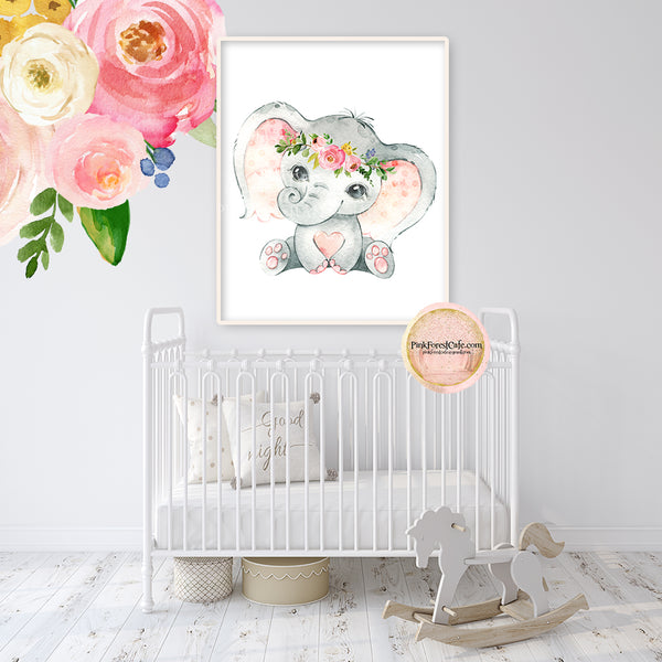 Boho Elephant Wall Art Print Nursery Baby Girl Room Floral Bohemian Wa ...