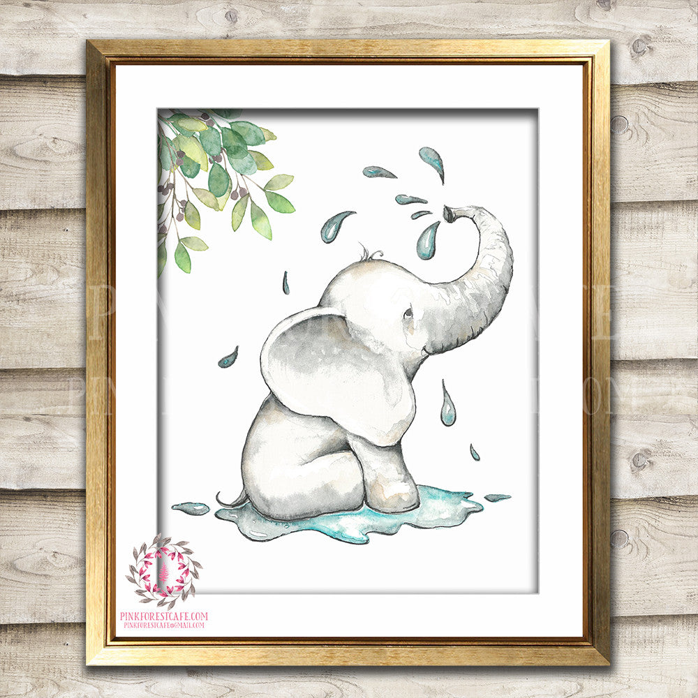 Elephant Bath Watercolor Zoo Animal Safari Nursery Kids Baby Room Playroom Print Printable Wall Poster Art Home Decor