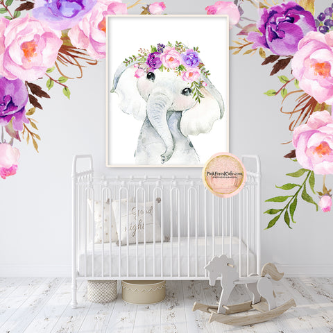 Purple Peony Boho Elephant Wall Art Print Peonies Blush Nursery Baby Girl Room Floral Bohemian Watercolor Printable Decor