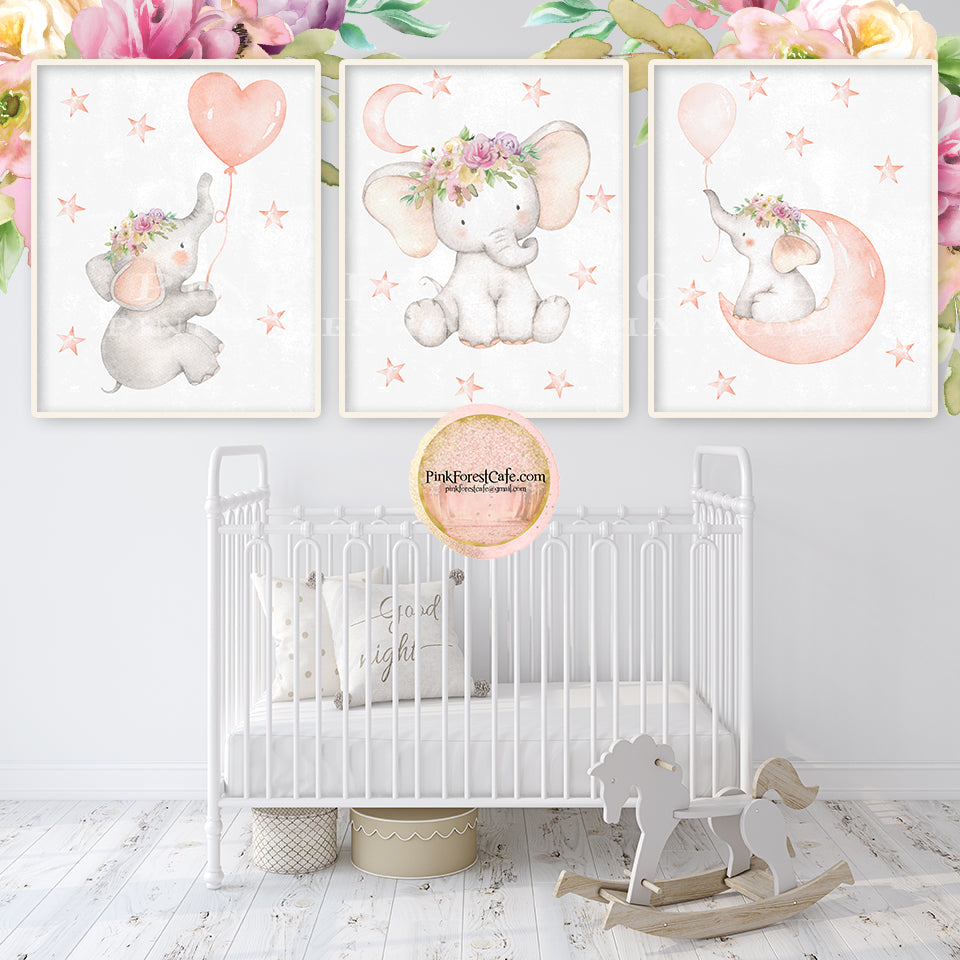 3 Elephant Nursery Wall Art Print Balloons Stars Moon Ethereal Baby Nursery Whimsical Zoo Animal Printable Decor