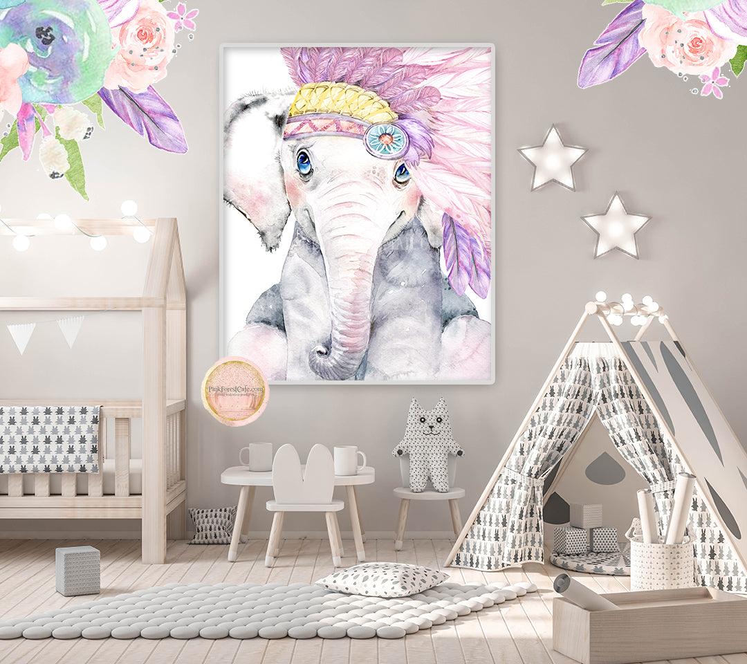 Headdress Feather Tribal Elephant Wall Art Print Baby Girl Nursery Pink Purple Boho Whimsical Zoo Safari Animal Watercolor Printable Decor