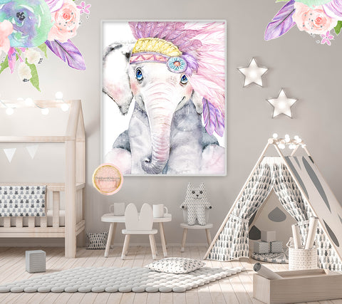 Headdress Feather Tribal Elephant Wall Art Print Baby Girl Nursery Pink Purple Boho Whimsical Zoo Safari Animal Watercolor Printable Decor