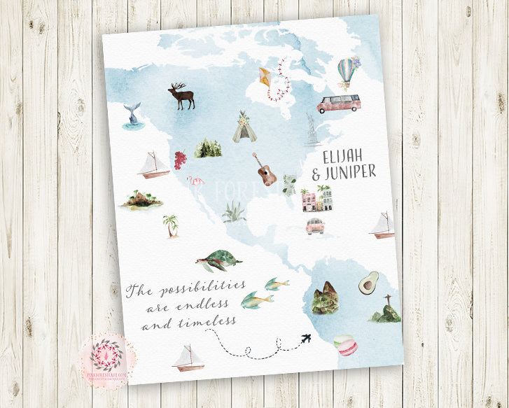 Wanderlust Map Baby Name Wall Art Print Personalized Icons Birth Stats Nursery Baby Boy Girl Gender Neutral Room Watercolor Personalized Printable Decor