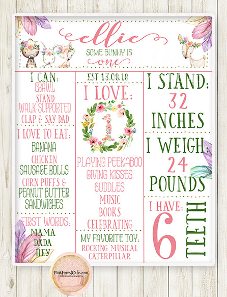 Bunny Deer Bear Fox Milestone Board Woodland Baby Girl Boho Garden Floral Birthday Party Watercolor Printable Print