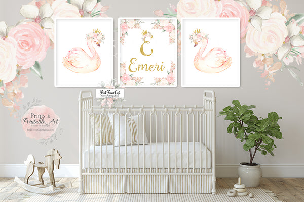 3 Boho Swan Peonies Wall Art Print Ethereal Pink Gold Crown Baby Name Girl Personalized Nursery Peony Bohemian Floral Printable Decor