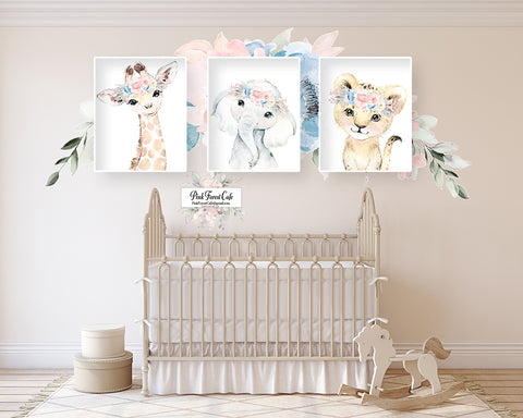 3 Blush Boho Elephant Lion Giraffe Wall Art Print Nursery Baby Girl Room Floral Bohemian Watercolor Printable Decor