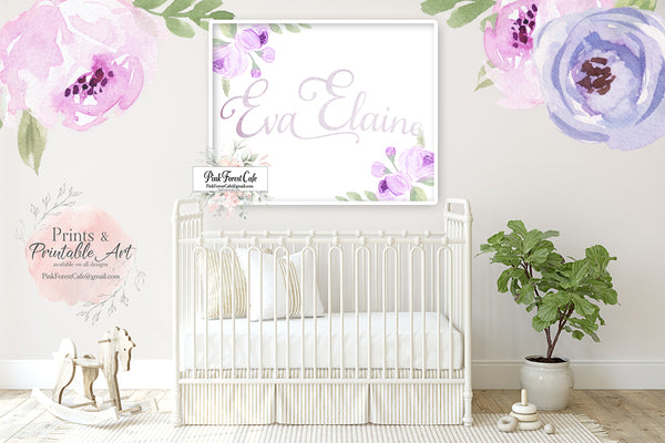 Custom Calligraphy Baby Girl Name Wall Art Print Purple Personalized Gift Peony Nursery Decor