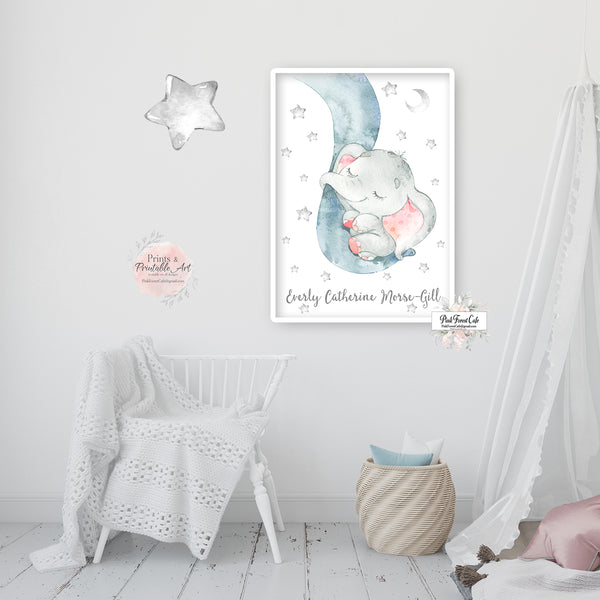 Personalized Elephant Stars Moon Wall Art Print Nursery Baby Girl Room Watercolor Zoo Animal Safari Printable Decor