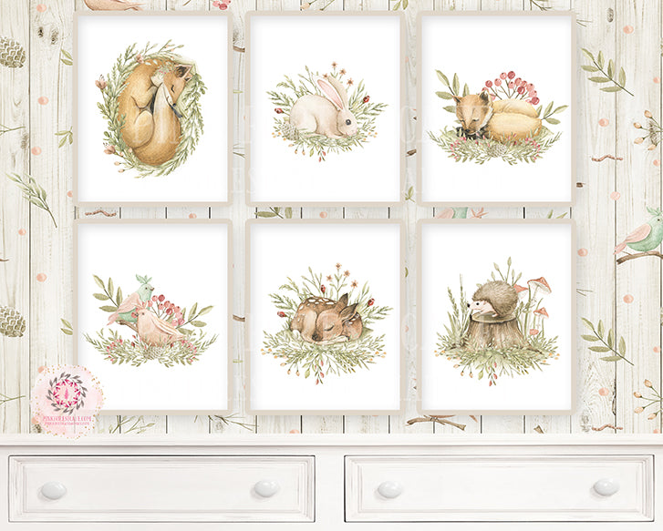 6 Deer Fox Bunny Rabbit Hedgehog Boho Wall Art Print Woodland Bohemian Floral Nursery Baby Girl Room Set Lot Prints Printable Decor