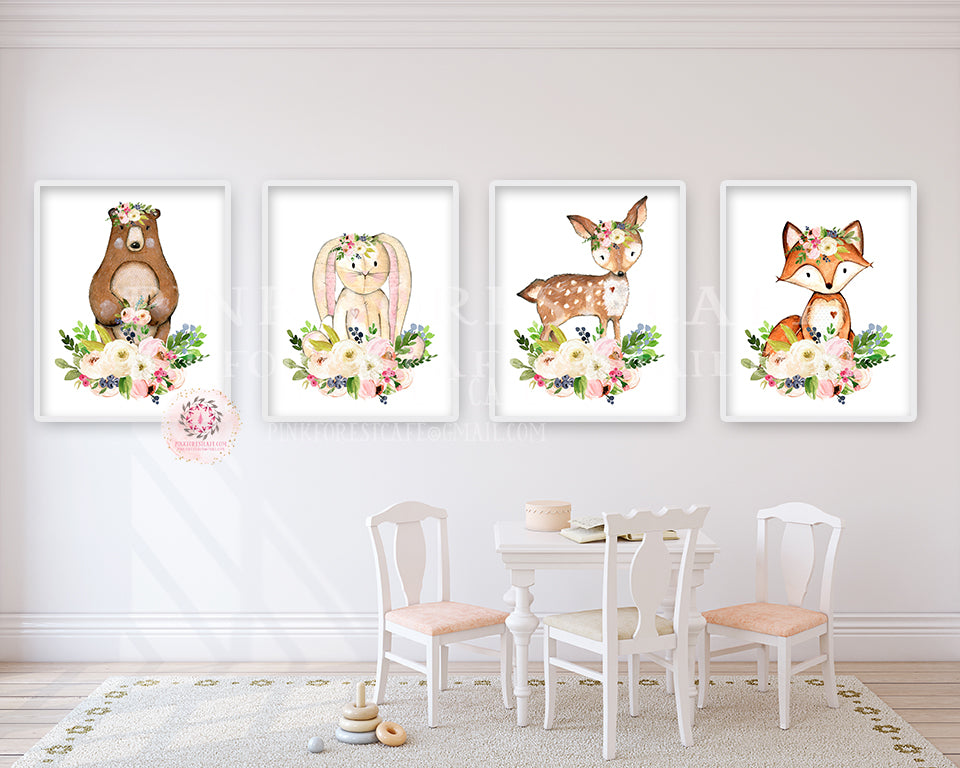 4 Deer Fox Bunny Rabbit Bear Woodland Boho Wall Art Print Nursery Set Bohemian Floral Nursery Baby Girl Room Prints Printable Decor