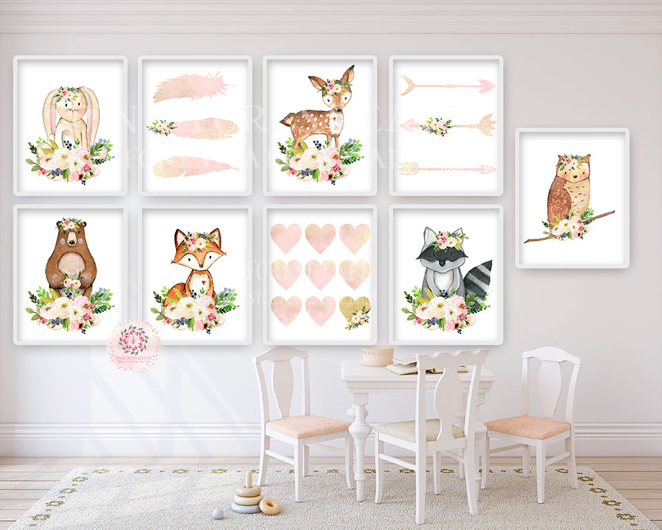 9 Deer Fox Bunny Rabbit Bear Woodland Boho Wall Art Print Nursery Set Bohemian Arrows Feather Heart Raccoon Owl Floral Nursery Baby Girl Room Prints Printable Decor