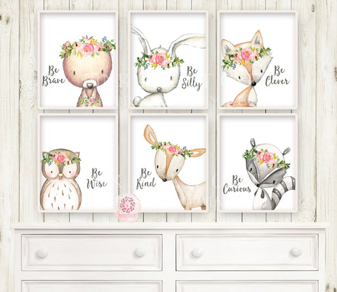 6 Deer Fox Bunny Bear Boho Wall Art Print Woodland Bohemian Be Wise Clever Kind Brave Silly Curious Floral Nursery Baby Girl Room Set Lot Prints Printable Decor