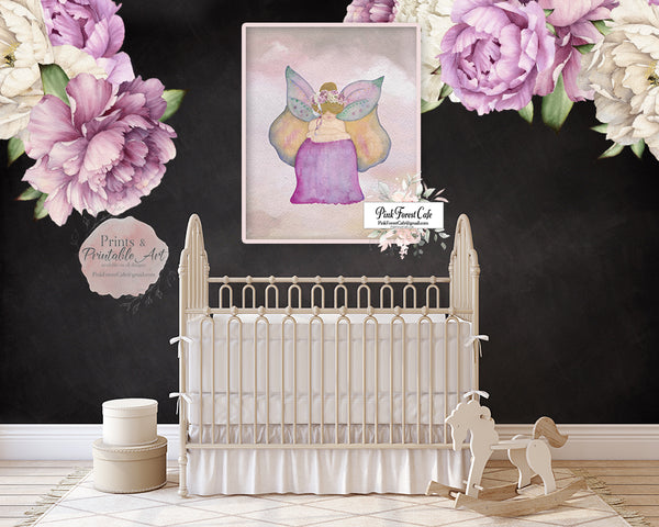 Purple Peony Fairy Angel Wings Wall Art Print Baby Girl Nursery Pink Peonies Decor