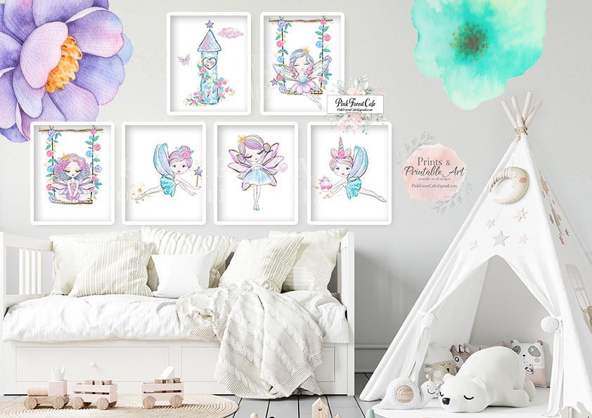 6 Boho Fairy Unicorn Wall Art Print Baby Girl Nursery Pink Gold Turquoise Purple Printable Decor