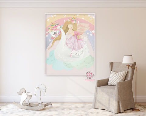 Fairy Baby Girl Nursery Wall Art Print Swan Rainbow Ethereal Ballet Dancer Whimsical Ballerina Bohemian Floral Printable Decor