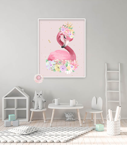 Pink Flamingo Wall Art Print Pink Baby Girl Nursery Crown Ethereal Whimsical Bohemian Floral Printable Decor