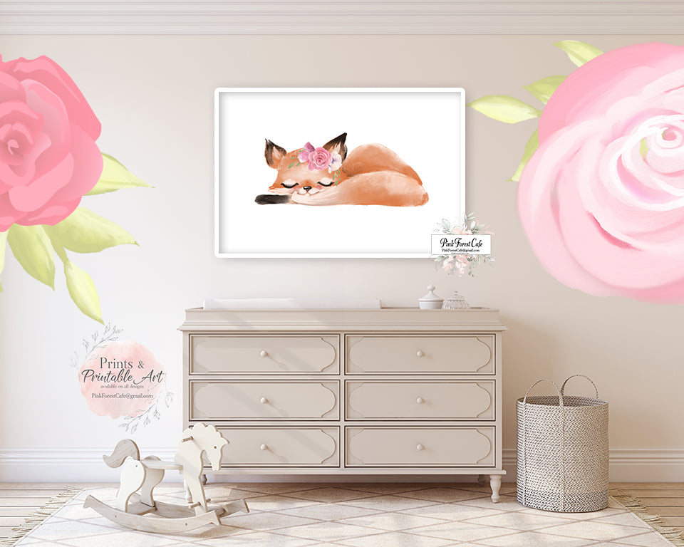 Boho Ethereal Fox Girl Nursery Wall Art Woodland Print Floral Printable Décor