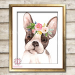 Boho Watercolor French Bulldog Frenchie Boston Terrier Bohemian Blush Floral Nursery Baby Girl Room Printable Print Wall Art Decor